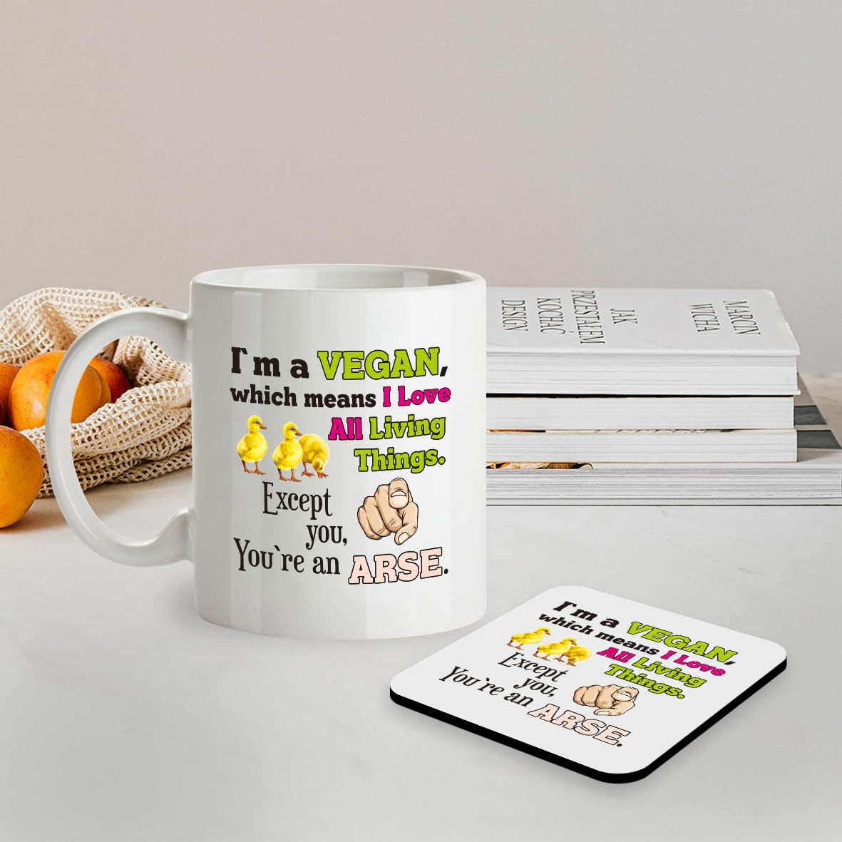 Kruzroyal SM066 I'm a Vegan, which Means i Love All Living Things. Except You, You're an ar*e - 11OZ Mug & Matching Coaster Set for Vegan