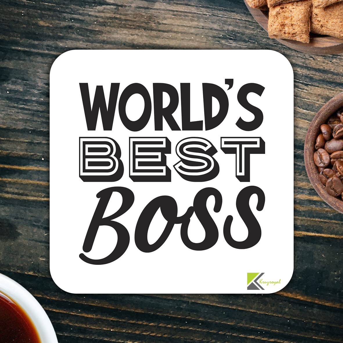 WB012 World's Best Boss MDF Wooden Coaster by Kruzroyal | Gift for Boss| Unique Novelty Present | 9cm x 9cm | Coffee Tea MDF Wooden Coaster