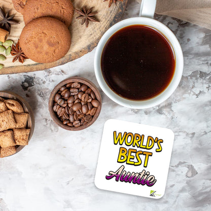 WB026 World's Best Auntie MDF Wooden Coaster by Kruzroyal | Gift for Auntie | Unique Novelty Present | 9cm x 9cm | Coffee Tea MDF Wooden Coaster