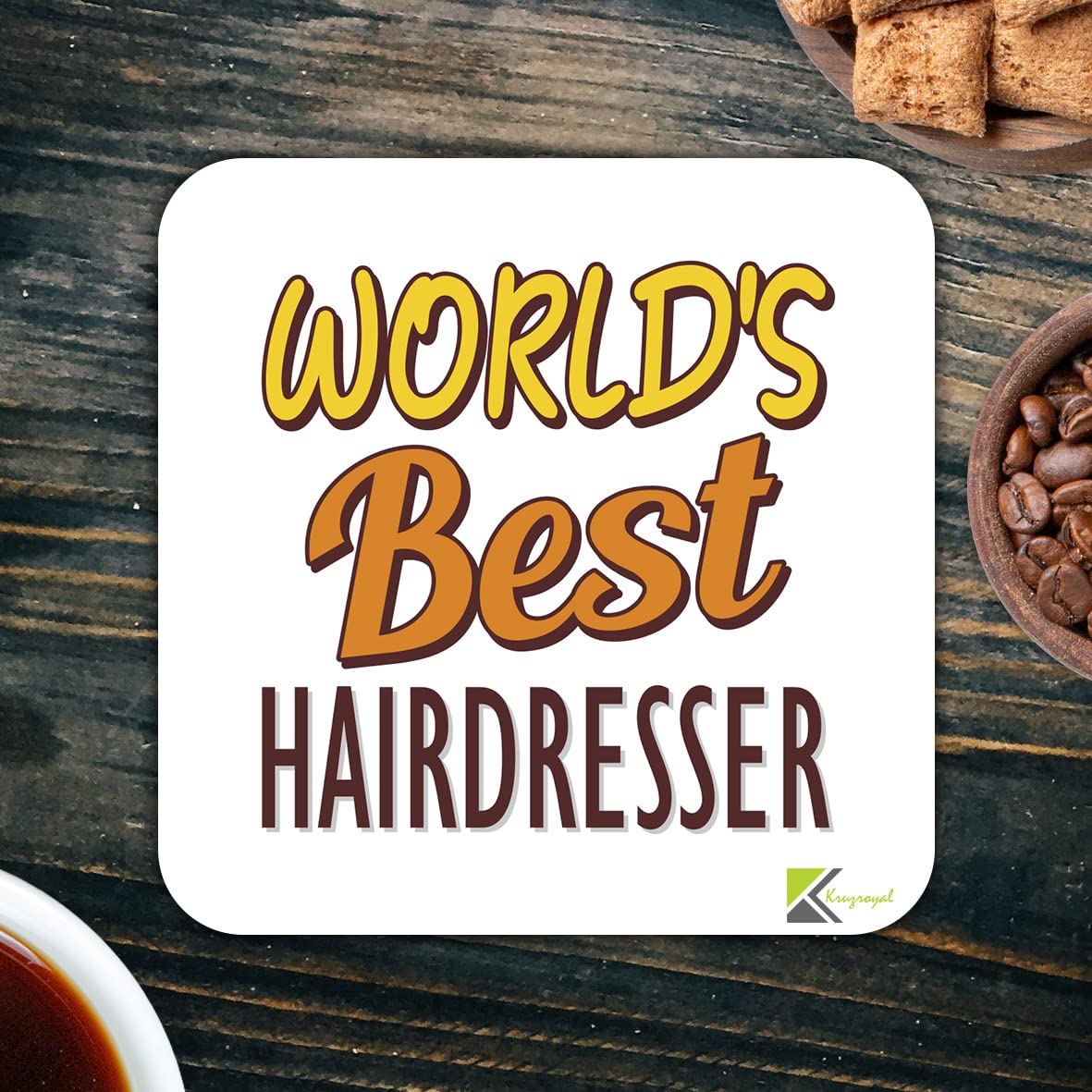 WB077 World's Best Hairdresser MDF Wooden Coaster by Kruzroyal | Gift for Hairdresser | Unique Novelty Present | 9cm x 9cm | Coffee Tea MDF Wooden Coaster