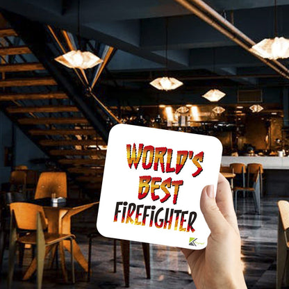 WB055 World's Best Firefighter MDF Wooden Coaster by Kruzroyal | Gift for Firefighter | Unique Novelty Present | 9cm x 9cm | Coffee Tea MDF Wooden Coaster