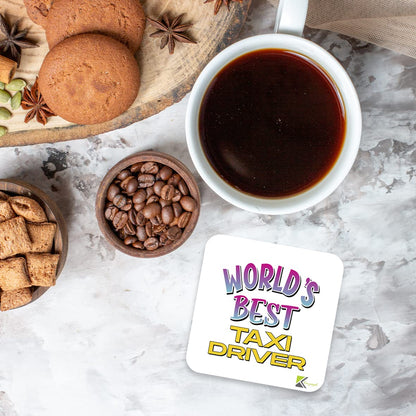 WB093 World's Best Taxi Driver MDF Wooden Coaster by Kruzroyal | Gift for Taxi Driver| Unique Novelty Present | 9cm x 9cm | Coffee Tea MDF Wooden Coaster