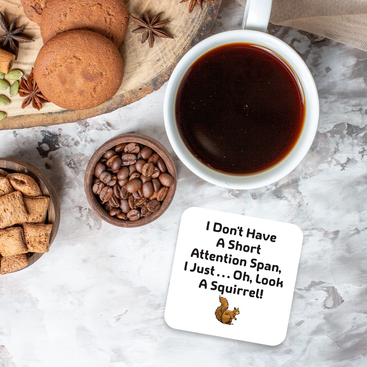 CS718 I don't have a short attention span,i just... oh,look a squirrel! Novelty Funny Coffee Tea Drink Gift Glossy MDF Wooden Coaster | Gifts for Men Women Friend Colleague
