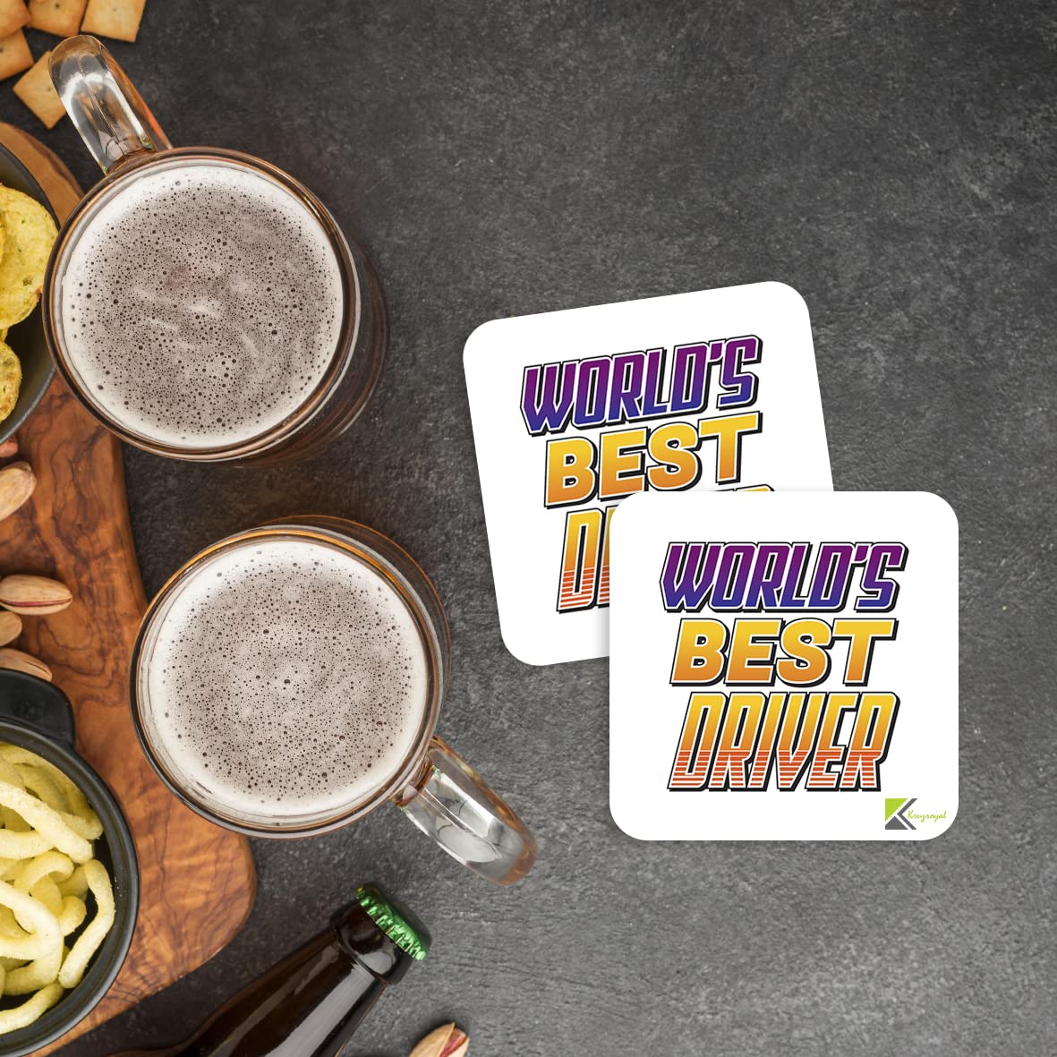 WB009 World's Best Driver MDF Wooden Coaster by Kruzroyal | Gift for Driver| Unique Novelty Present | 9cm x 9cm | Coffee Tea MDF Wooden Coaster