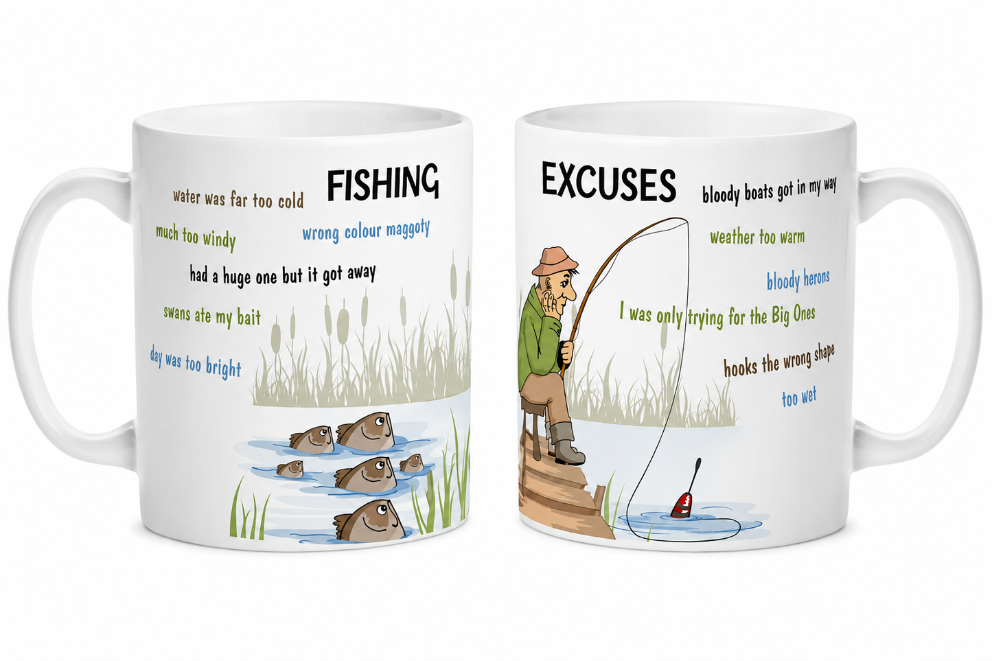 Kruzroyal Funny Fishing Excuses Mug, The Fisherman's Excuses Wrap Around Design, Novelty Angling Gift for Dad, Grandad or Husband, Funny Novelty Great Gift Idea Coffee Tea Cup11 oz