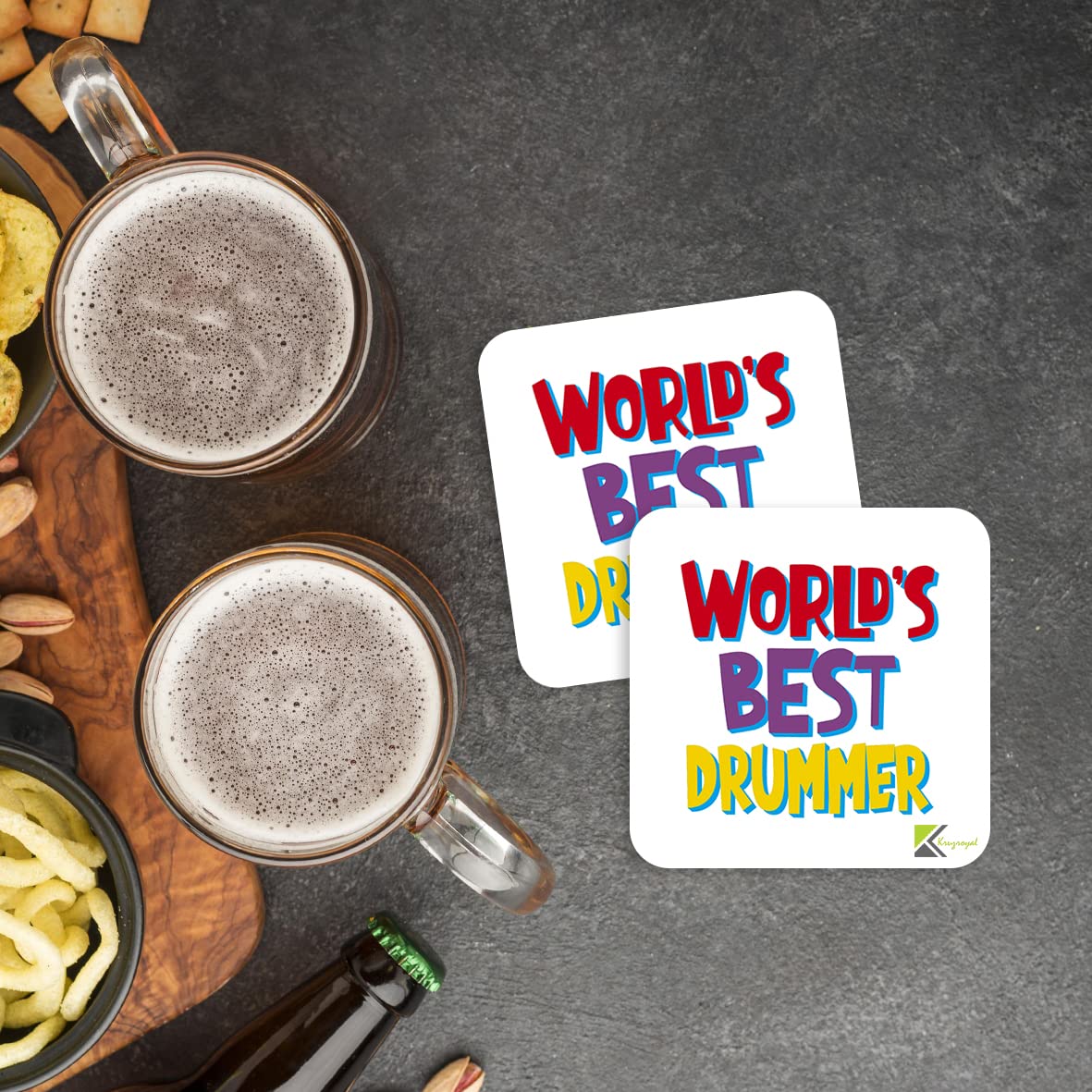 WB020 World's Best Drummer MDF Wooden Coaster by Kruzroyal | Gift for Drummer | Unique Novelty Present | 9cm x 9cm | Coffee Tea MDF Wooden Coaster