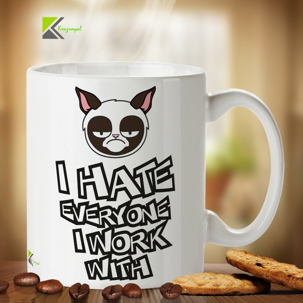 Kruzroyal Funny Work Mug, I Hate Everyone I Work with Design, Grumpy Cat Face, Sarcastic Novelty Gift for Colleague, Office Secret Santa, White Ceramic, 11 oz