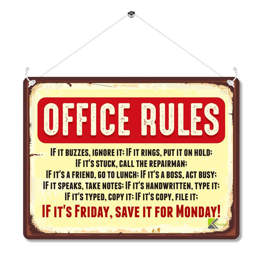 Kruzroyal Funny Office Rules Metal Wall Sign, Humorous Lazy Workplace Plaque Gift, Retro Vintage Tin Decor for Study or Work, 20x15cm with Hanging String