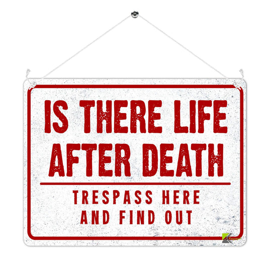 Kruzroyal MP424 Is there life after death?, Trespass here and find out Funny Novelty Retro Vintage Metal Wall Sign Plaque 20cm x 15cm