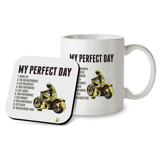 SM078 My Perfect Day (for Motorbike Lover) - Mug & Matching Coaster Set | 11oz Biker Coffee Cup - Novelty Gift for Men, Dad, Husband, Motorcycle Rider