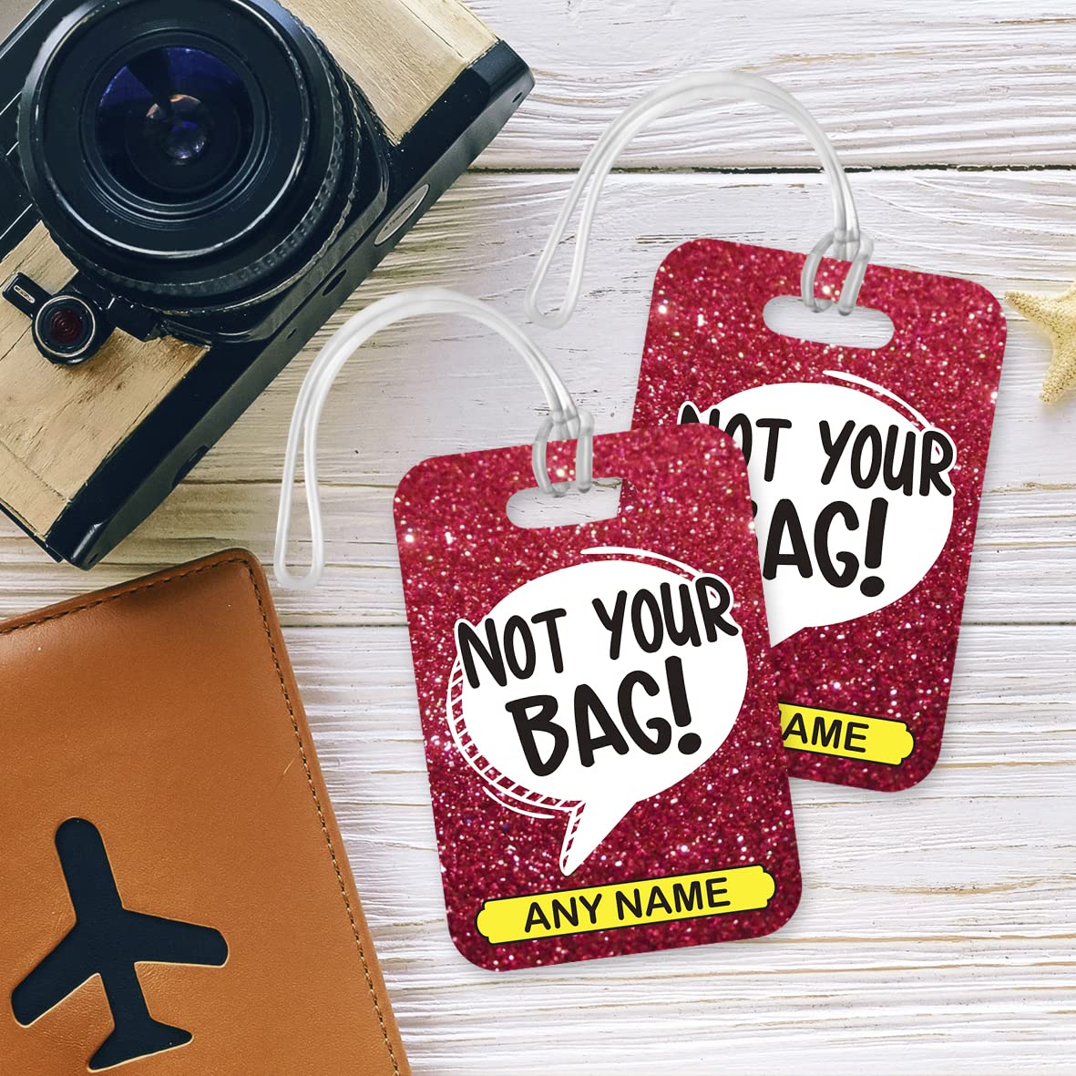 PLT243 Personalised Name : Not Your Bag! Novelty Funny Unique Designer Gift Glossy Plastic Suitcase Luggage Tag