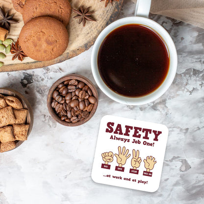 CS592 Safety Always Job One! Rock Paper Scissor Novelty Funny Coffee Tea Drink Gift Glossy MDF Wooden Coaster