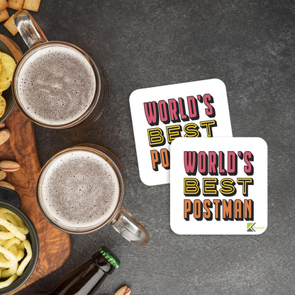 WB011 World's Best Postman MDF Wooden Coaster by Kruzroyal | Gift for Postman| Unique Novelty Present | 9cm x 9cm | Coffee Tea MDF Wooden Coaster