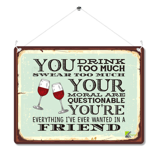 Kruzroyal Funny Friendship Metal Wall Sign, You Drink Too Much Novelty Plaque Gift, Humorous Retro Vintage Tin Decor for Home Bar or Kitchen, 20x15cm with Hanging String