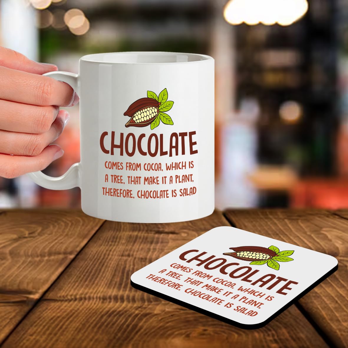 Kruzroyal SM013 Chocolate Comes from Cocoa, which is a Tree, That Make it a Plant, Therefore, Chocolate is Salad - 11OZ Mug & Matching Coaster Set