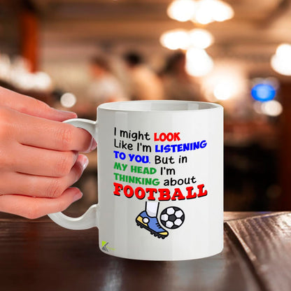Kruzroyal Football Mug Funny Gift for Men - 11oz/325ml Thinking About Football Ceramic Coffee Cup for Dad Brother Husband - Novelty Fan Present