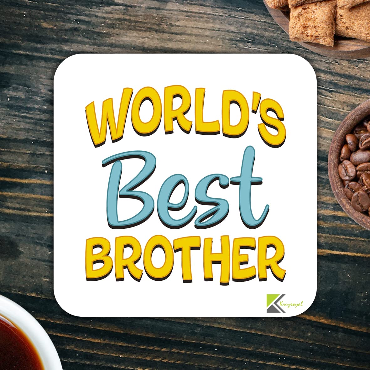 WB016 World's Best Brother MDF Wooden Coaster by Kruzroyal | Gift for Brother| Unique Novelty Present | 9cm x 9cm | Coffee Tea MDF Wooden Coaster