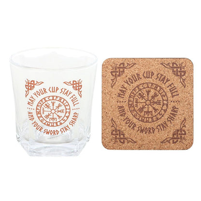something different Glass Viking Lowball Glass, 300ml, Vegvisir Compass Design, Norse Mythology Theme, with Cork Coaster, Gift Set
