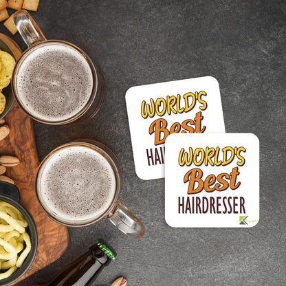 WB077 World's Best Hairdresser MDF Wooden Coaster by Kruzroyal | Gift for Hairdresser | Unique Novelty Present | 9cm x 9cm | Coffee Tea MDF Wooden Coaster