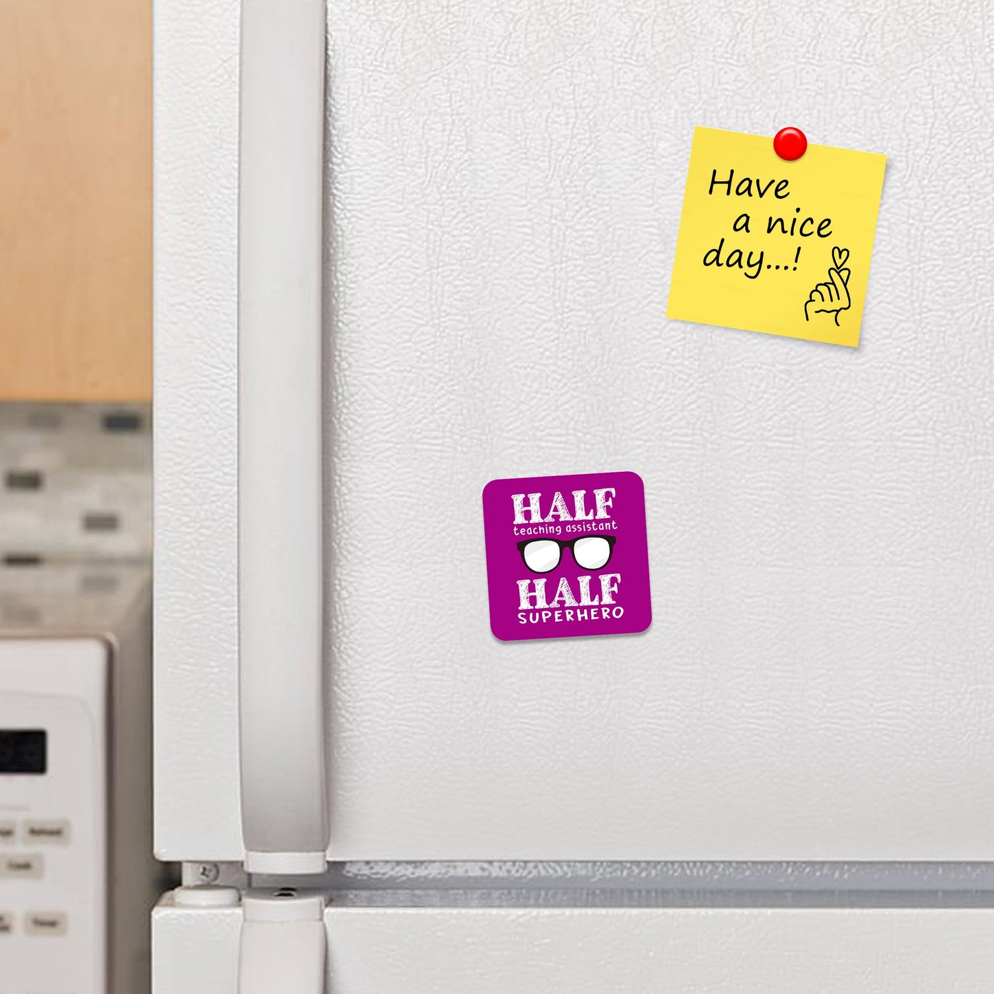 FM046 Half Teaching Assistant Half Superhero Novelty Funny Idea Glossy Metal Square Fridge Magnet
