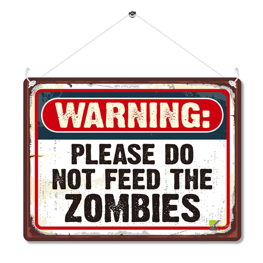 Kruzroyal Funny Zombie Metal Wall Sign, Warning Do Not Feed The Zombies Novelty Plaque Gift, Retro Vintage Tin Decor for Home or Bedroom, 20x15cm with Hanging String