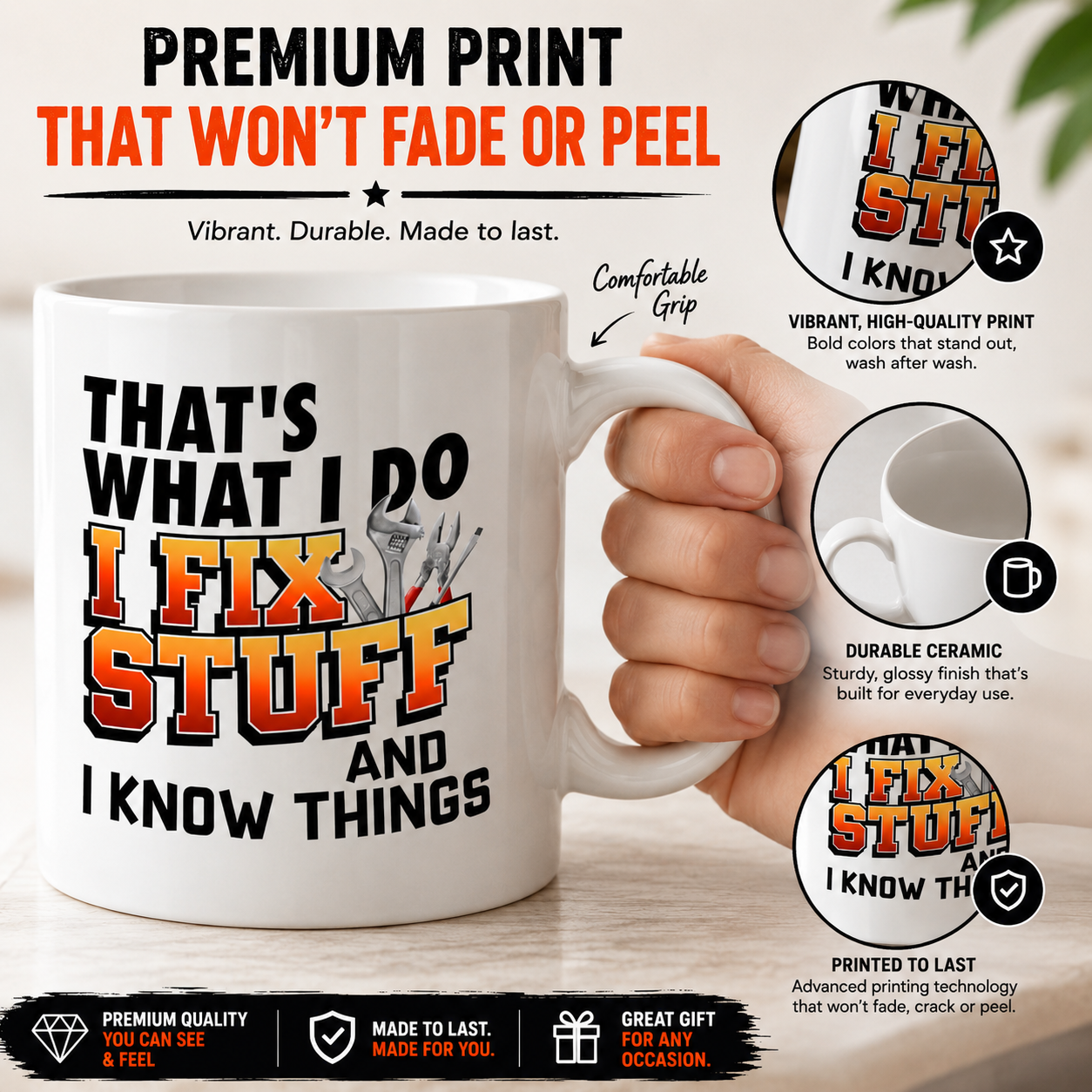 Kruzroyal That’s What I Do I Fix Stuff Mug - Funny Coffee Mugs for Men & Handyman Gifts - Builders Mug - Father’s Day Gift for Dad, Grandad, Husband - 11oz Ceramic Cup