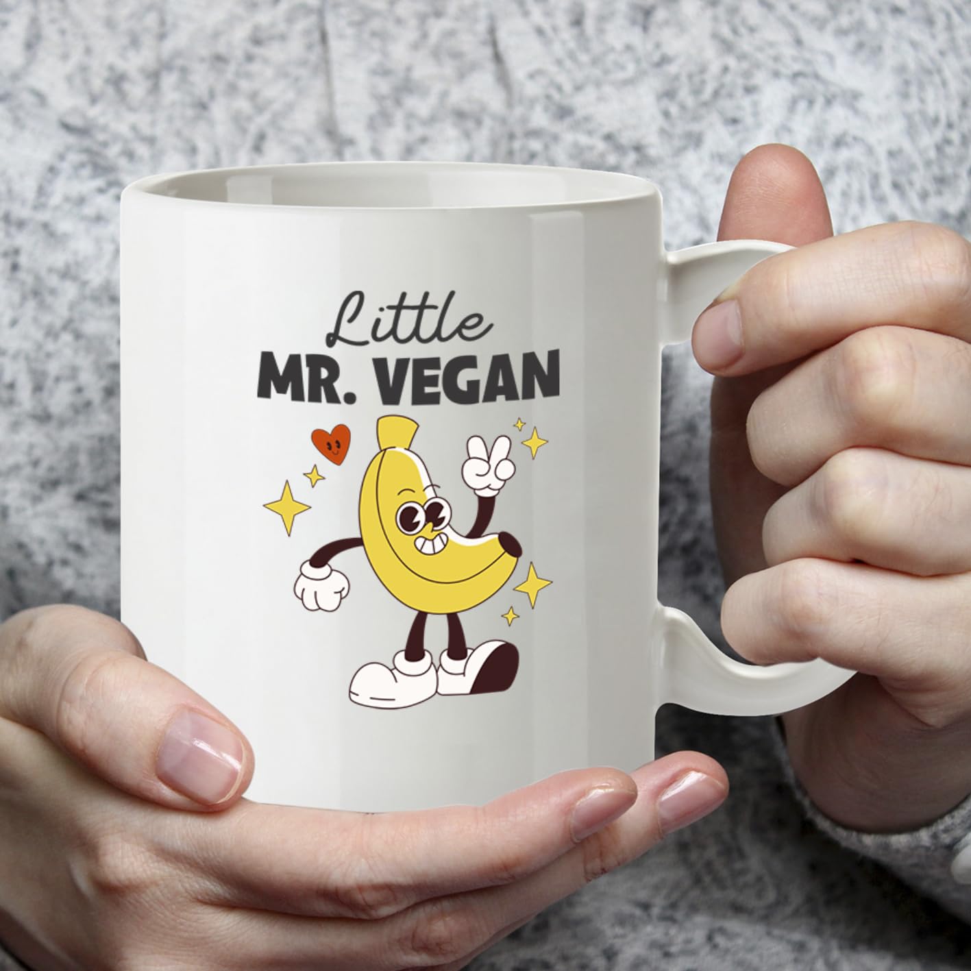 Kruzroyal Little Mr Vegan Mug | Funny Vegan Gift for Men Him | Retro 70s Cartoon Design | 11oz Ceramic Coffee Mug | Dishwasher Microwave Safe