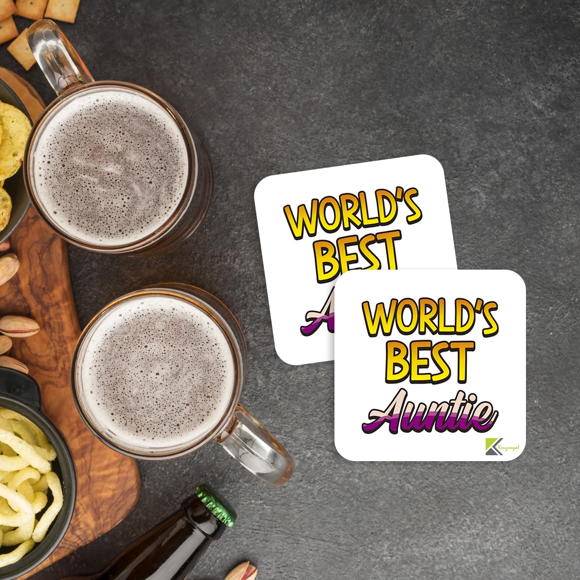 WB026 World's Best Auntie MDF Wooden Coaster by Kruzroyal | Gift for Auntie | Unique Novelty Present | 9cm x 9cm | Coffee Tea MDF Wooden Coaster