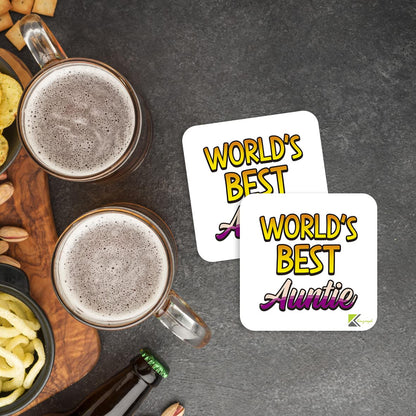 WB026 World's Best Auntie MDF Wooden Coaster by Kruzroyal | Gift for Auntie | Unique Novelty Present | 9cm x 9cm | Coffee Tea MDF Wooden Coaster