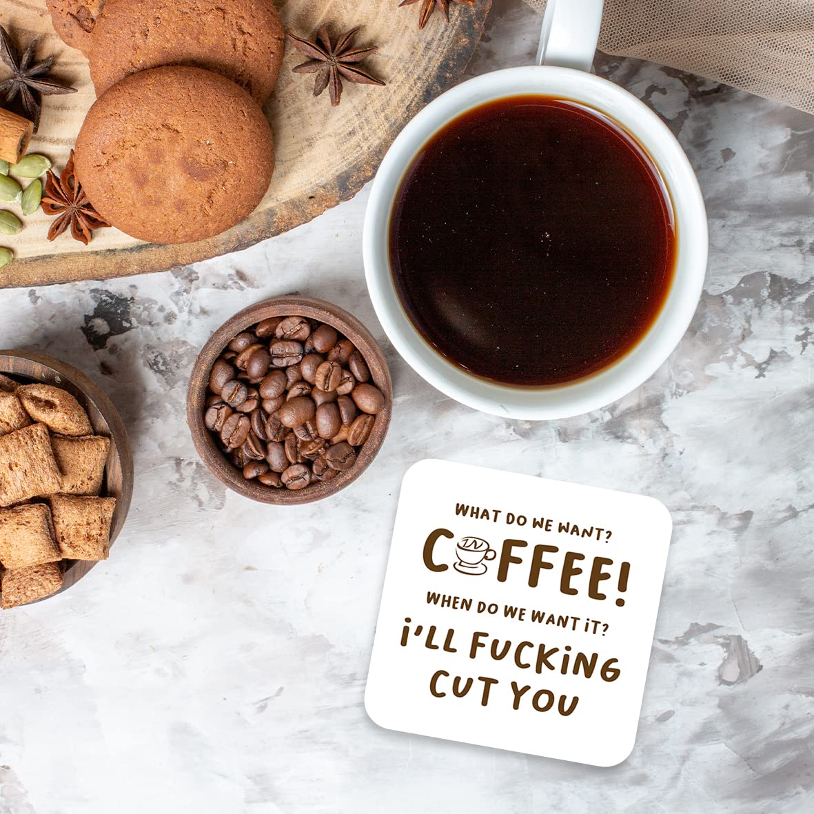 CS546 What do we Want? Coffee! When do we Want it ? I'll FUC*ing Cut You Novelty Funny Coffee Tea Drink Gift Glossy MDF Wooden Coaster