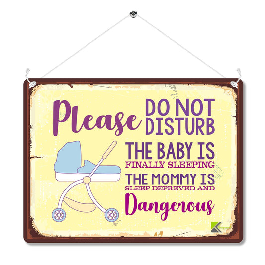 Kruzroyal Baby Sleeping Do Not Disturb Metal Wall Sign, Humorous New Mum Novelty Plaque Gift, Retro Vintage Tin Decor for Nursery or Front Door, 20x15cm with Hanging String