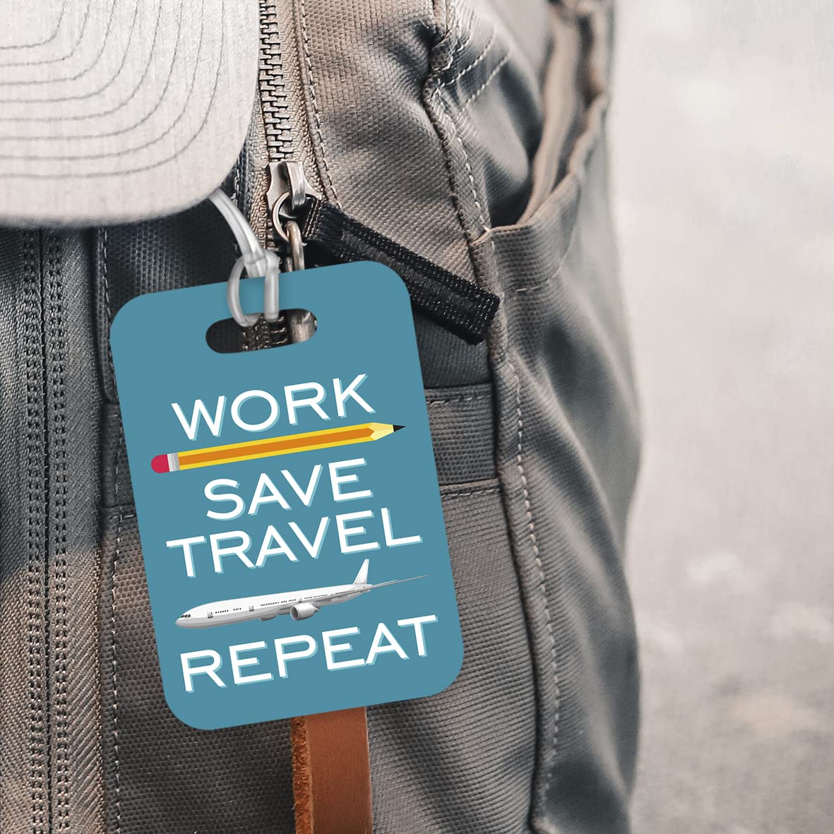 LT073 Work/Save/Travel/Repeat Novelty Funny Unique Designer Gift Glossy Plastic Suitcase Luggage Tag