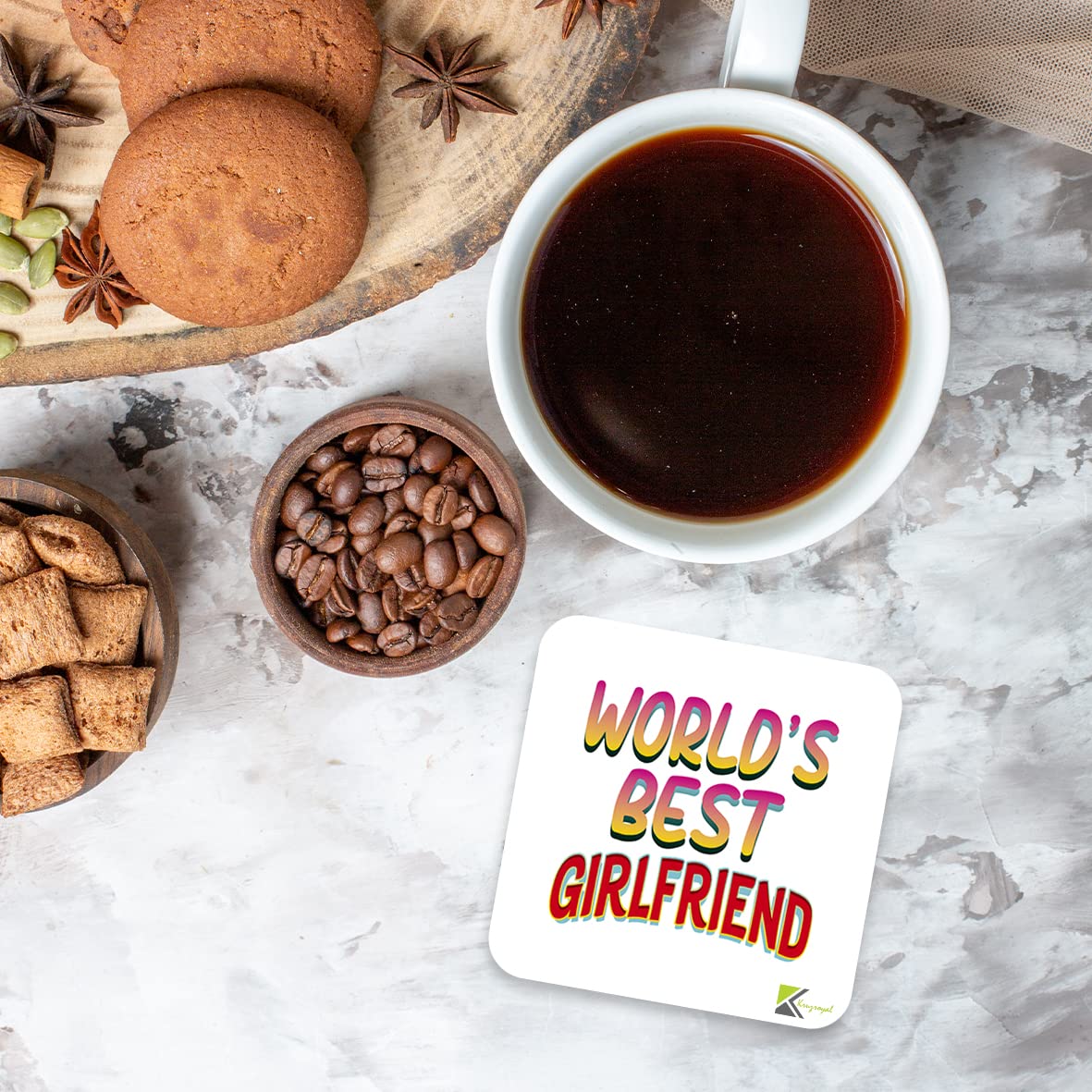 WB036 World's Best Girlfriend MDF Wooden Coaster by Kruzroyal | Gift for Girlfriend | Unique Novelty Present | 9cm x 9cm | Coffee Tea MDF Wooden Coaster