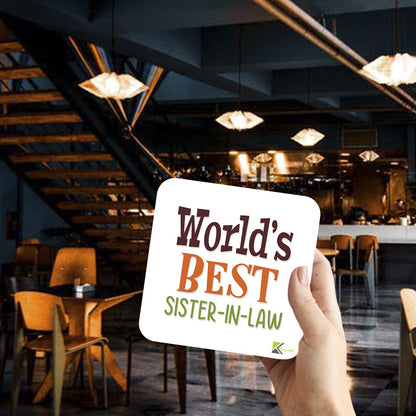 WB098 World's Best Sister-in-law MDF Wooden Coaster by Kruzroyal | Gift for Sister-in-law| Unique Novelty Present | 9cm x 9cm | Coffee Tea MDF Wooden Coaster
