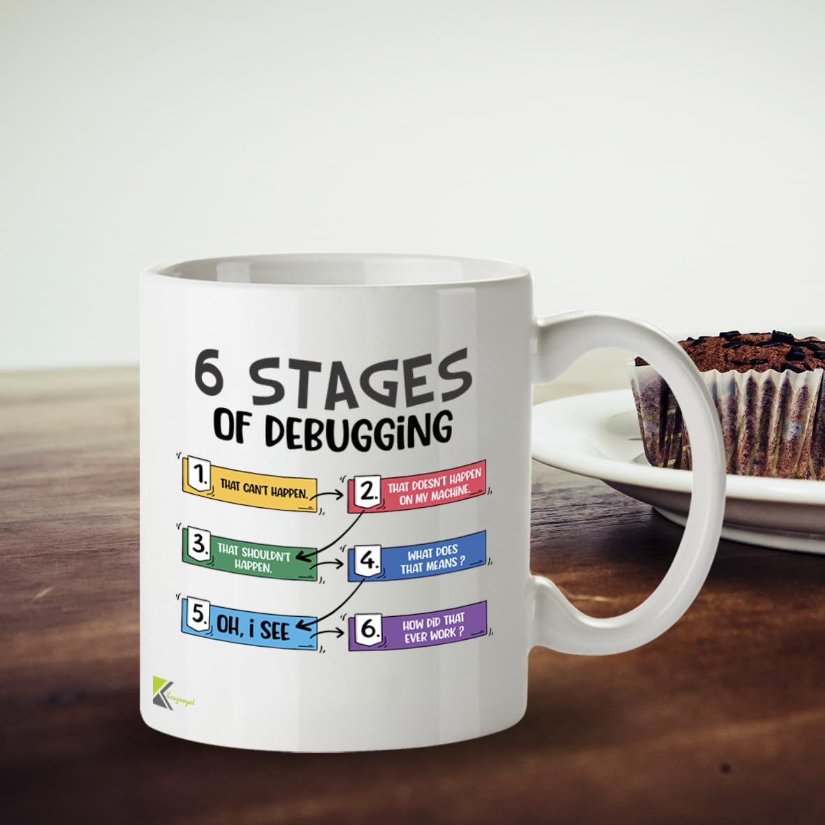 Kruzroyal Funny Programmer Mug 6 Stages of Debugging - 11oz Ceramic Coffee Tea Cup Gift for Developers Coders Software Engineers - Dishwasher Microwave Safe Tech Novelty Present