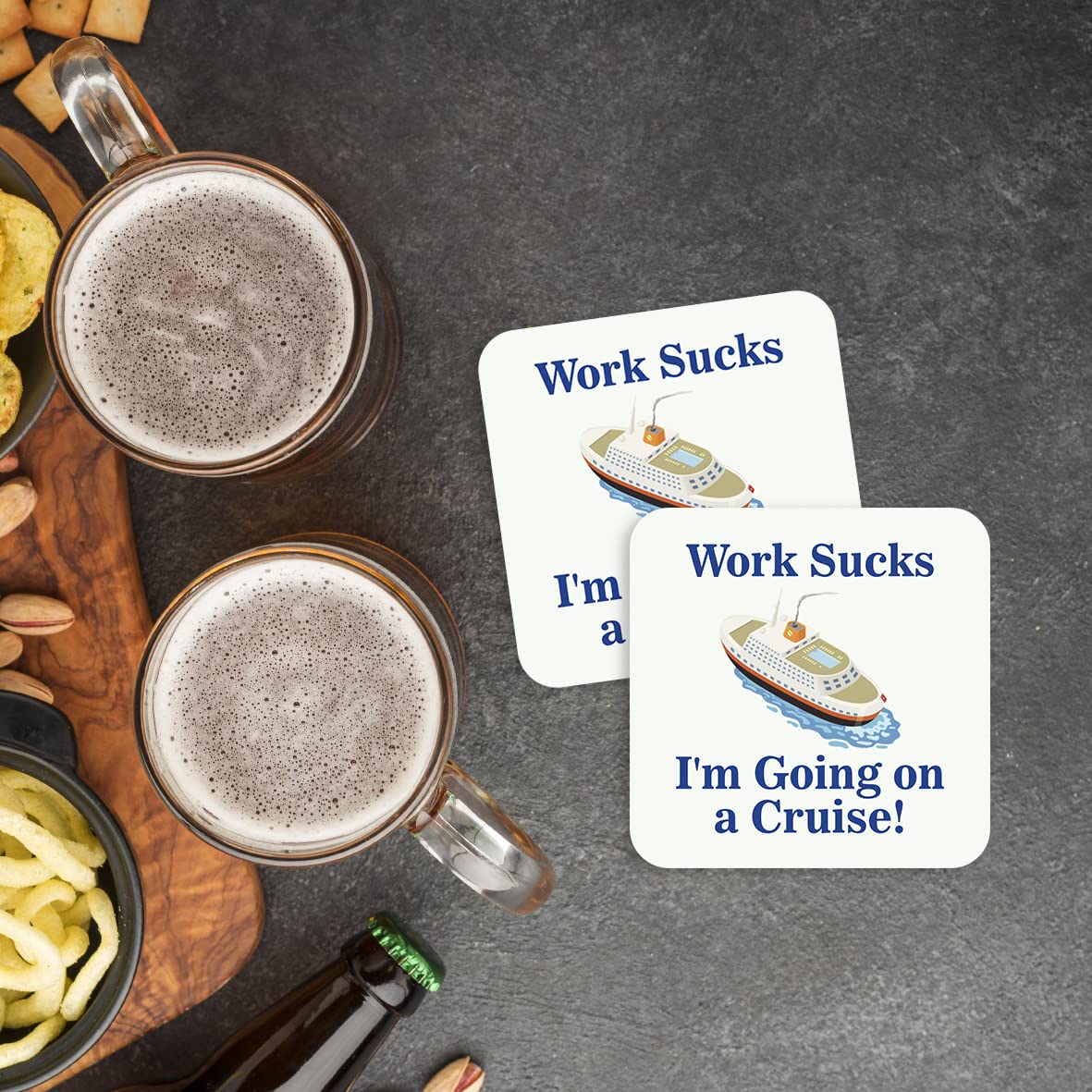 CS643 Work Sucks: I'm going on a cruise! Novelty Funny Coffee Tea Drink Glossy MDF Wooden Coaster | Novelty Wooden Mug Mat - Humorous Gift for Colleague, Friend - Leaving, Retirement, Holiday Present