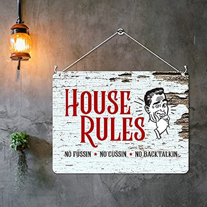 Kruzroyal MP425 House Rules : No fussin - No cussin - No backtalkin Funny Novelty Retro Vintage Metal Wall Sign Plaque 20cm x 15cm