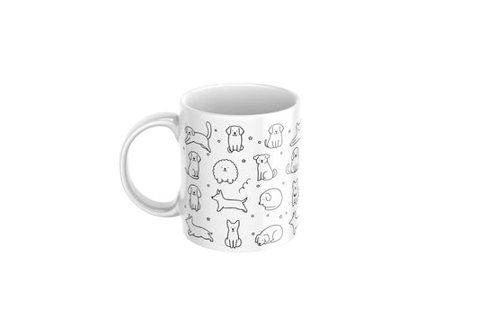 Kruzroyal Cute Dog Happy Doodle Pattern Ceramic Coffee Mug, White, 11oz, Novelty Gift for Dog Lovers