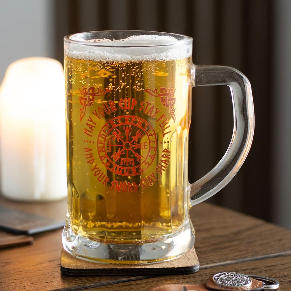 something different Glass Beer Tankard, 500ml, Clear, Vegvisir Compass Design, Viking Theme, Drinking, Gift, with Cork Coaster