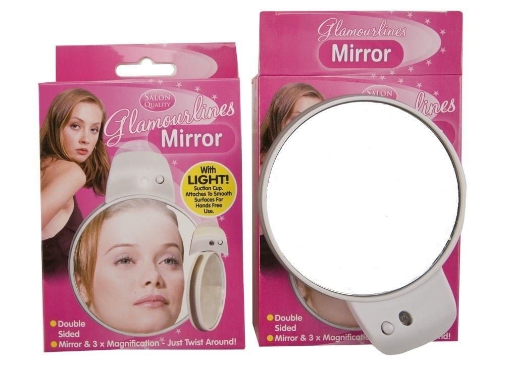 DOUBLE SIDED LIGHT UP MAKEUP MIRROR COMPACT WITH SUCTION CUPS MAGNIFYING SIDE