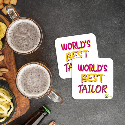 WB072 World's Best Tailor MDF Wooden Coaster by Kruzroyal | Gift for Tailor | Unique Novelty Present | 9cm x 9cm | Coffee Tea MDF Wooden Coaster