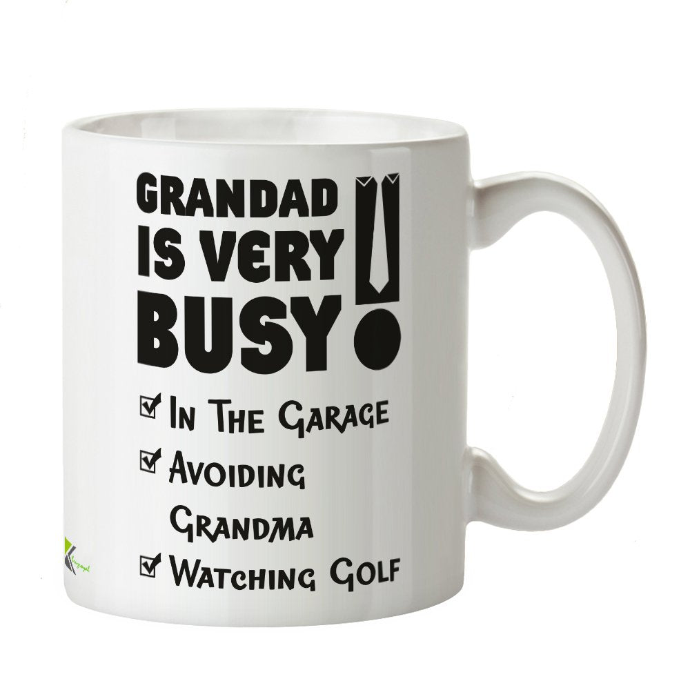 Kruzroyal Funny Grandad Mug, Grandad is Very Busy in Garage Watching Golf Design, Novelty Gift for Grandfather or Grandpa, White Ceramic Coffee Cup, 11 oz
