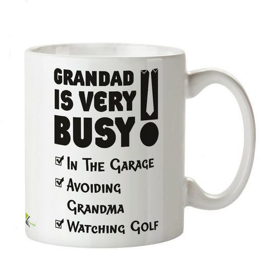 Kruzroyal Funny Grandad Mug, Grandad is Very Busy in Garage Watching Golf Design, Novelty Gift for Grandfather or Grandpa, White Ceramic Coffee Cup, 11 oz