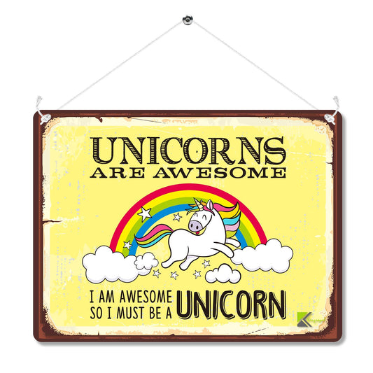 Kruzroyal Unicorns Are Awesome I Am Awesome Metal Wall Sign, Whimsical Rainbow Plaque Gift, Retro Vintage Tin Decor for Girls Bedroom or Nursery, 20x15cm
