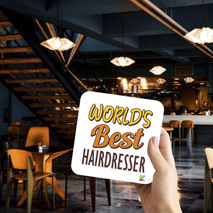 WB077 World's Best Hairdresser MDF Wooden Coaster by Kruzroyal | Gift for Hairdresser | Unique Novelty Present | 9cm x 9cm | Coffee Tea MDF Wooden Coaster
