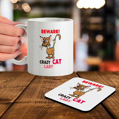 SM040 Beware Crazy Cat Lady - 11OZ Mug & Matching Coaster Set