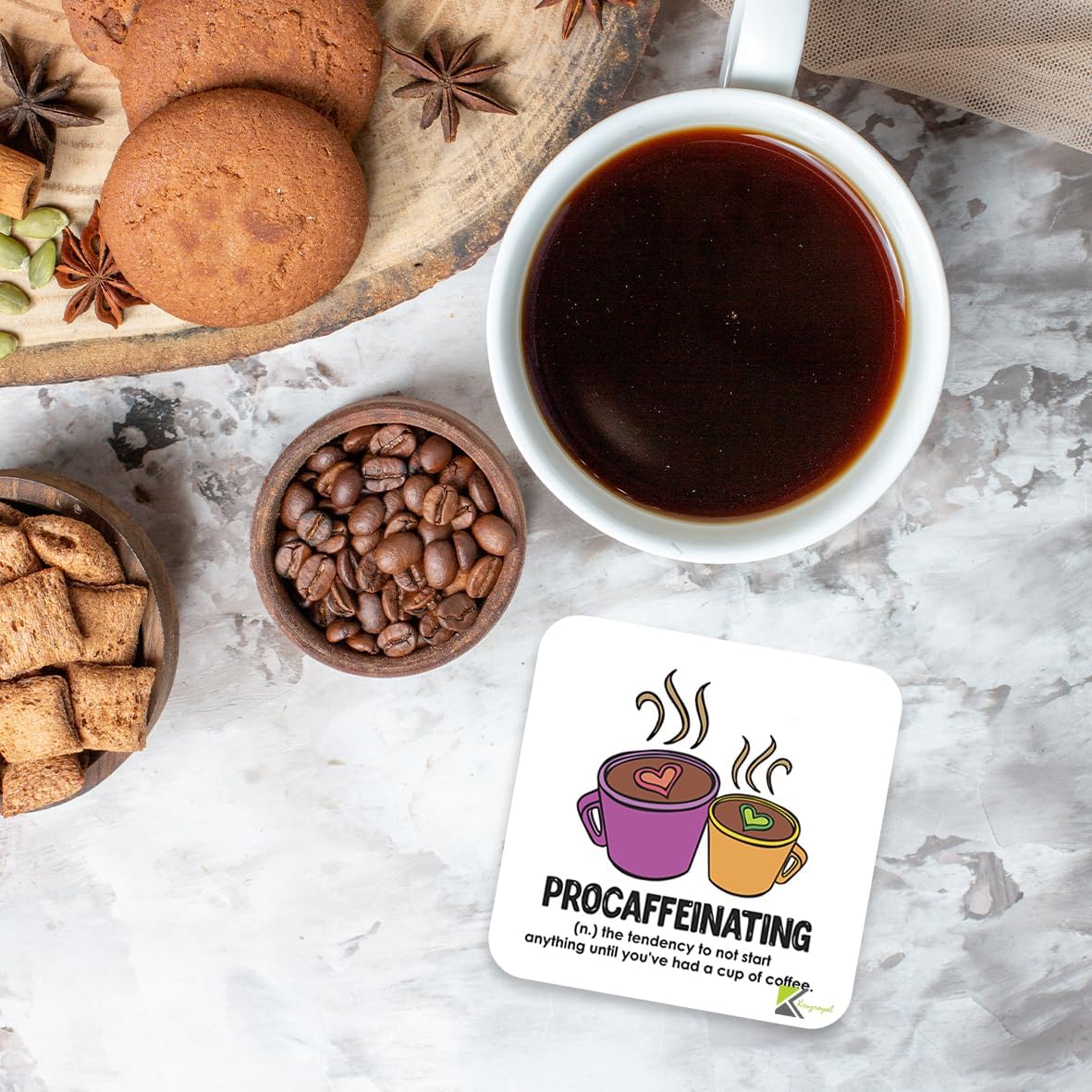 CS233 Defination procaffeinating Novelty Funny Coffee Tea Drink Gift Glossy MDF Wooden Coaster | Humorous Gift for Colleague, Office Worker, Friend - Desk Accessory