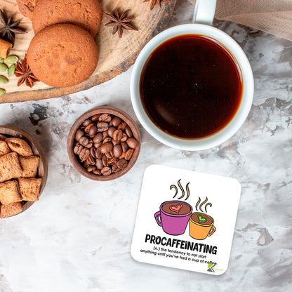 CS233 Defination procaffeinating Novelty Funny Coffee Tea Drink Gift Glossy MDF Wooden Coaster | Humorous Gift for Colleague, Office Worker, Friend - Desk Accessory