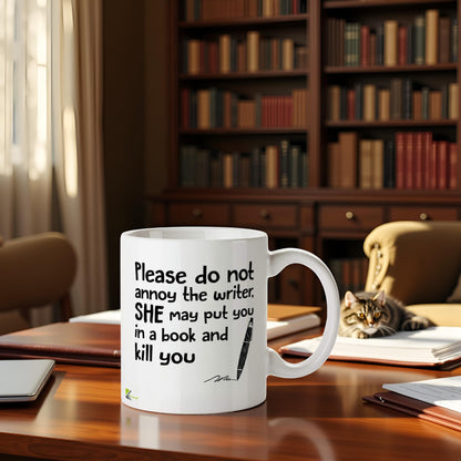 Kruzroyal Do Not Annoy Writer Mug | Funny Book Author Gift Ceramic Coffee Tea Cup for Novelist, Editor, Friend | She May Put You in a Book