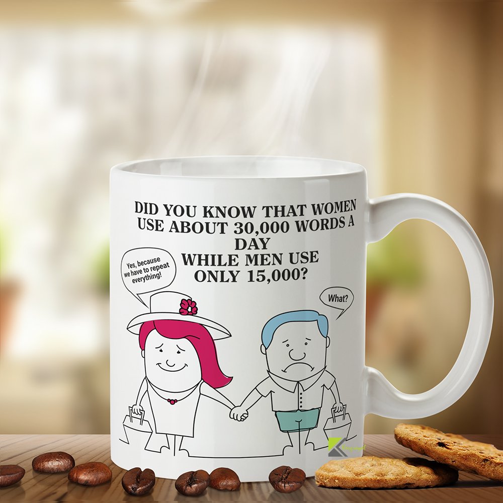 Kruzroyal Women Vs Men Words Mug - Funny Marriage Gift, Husband Wife Present, Couple Humor Did You Know That Women use About 30,000 Words a Day, While Men use only 15,000? Novelty Tea Coffee Mug